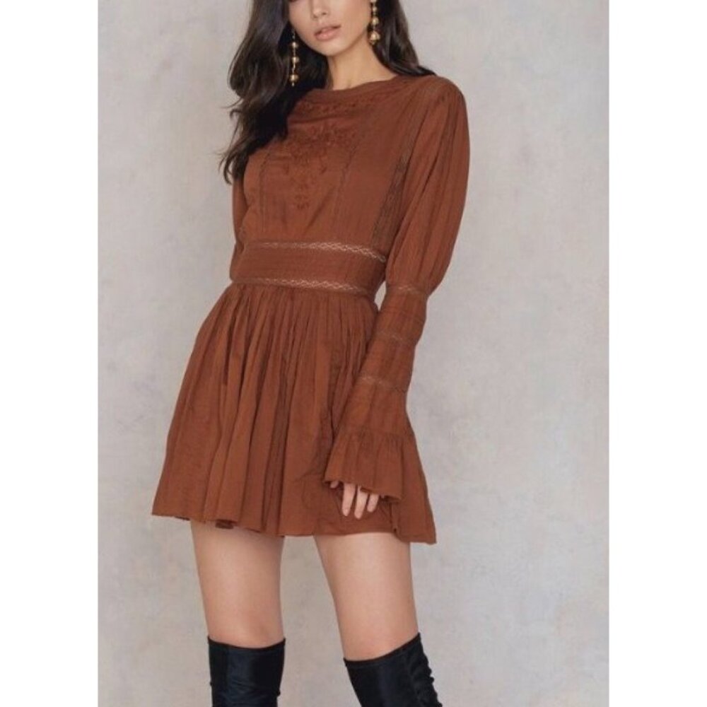 Free People Victorian Waisted Mini Dress 4 Boho Embroidered Rustic Cowgirl